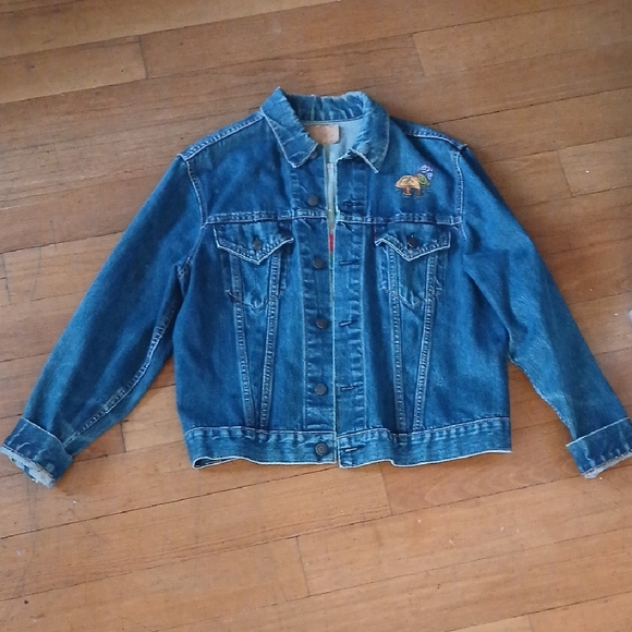 Levi's Dark Blue Denim Jacket Colorful Hand Embroidery Big E Late 1960s - Picture 6 of 9
